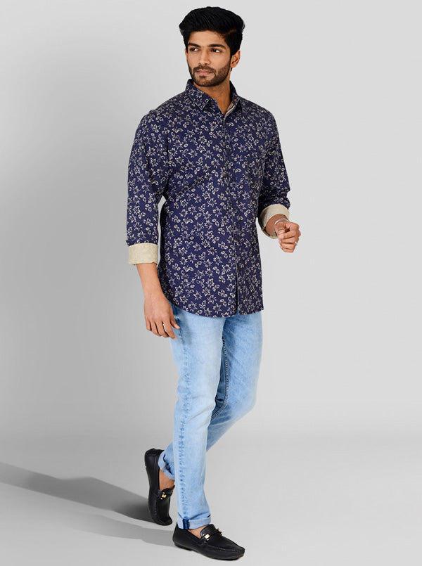 Indigo Blue Printed Slim Fit Casual Shirt | JB Sport