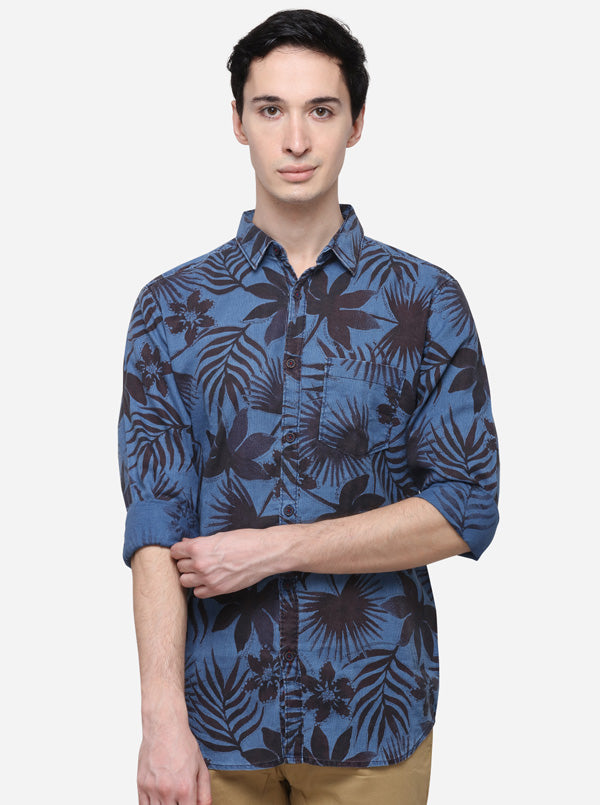 Indigo Blue Slim Fit Printed Casual Shirt | JB Sport