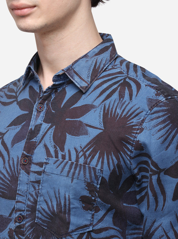 Indigo Blue Slim Fit Printed Casual Shirt | JB Sport