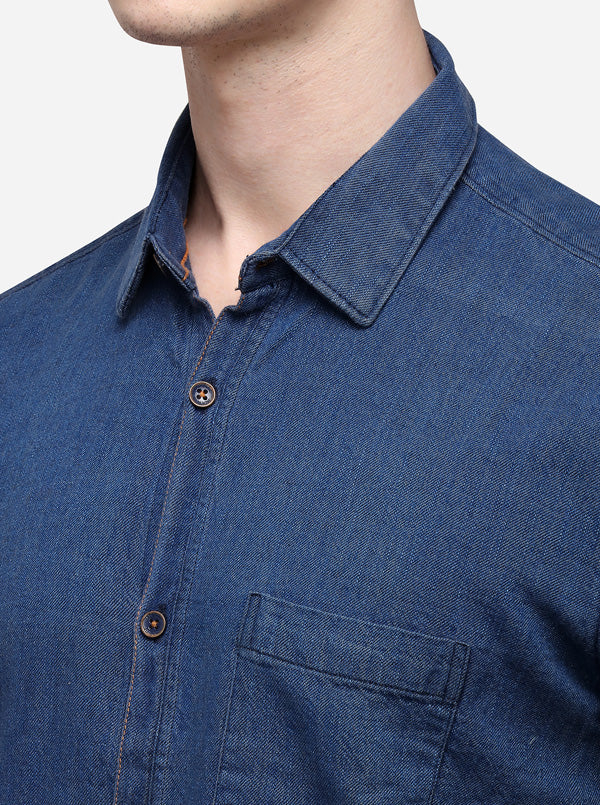 Navy Blue Slim Fit Solid Casual Shirt | JB Sport