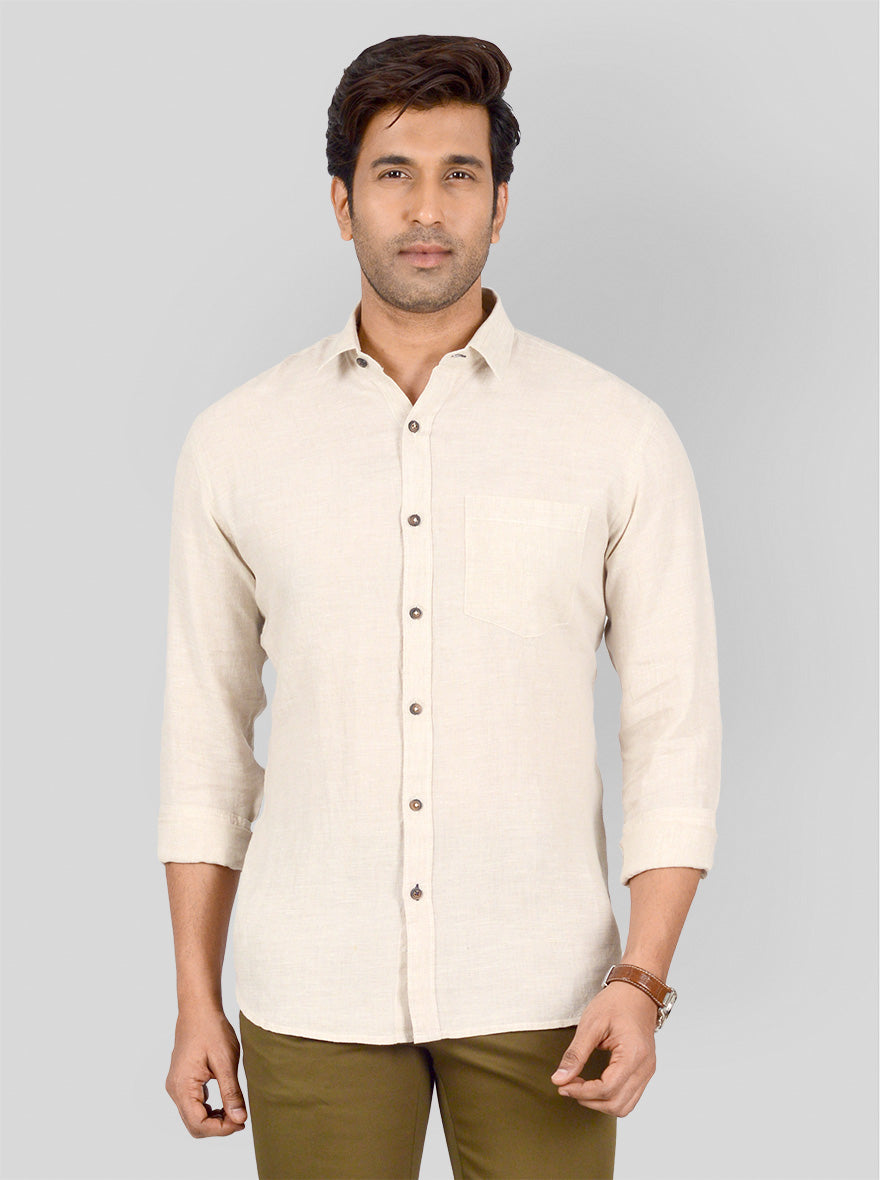 Light Khaki Self Textured Tailored Fit Casual Shirt | JB Sport