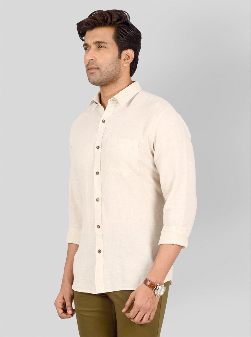 Light Khaki Self Textured Tailored Fit Casual Shirt | JB Sport