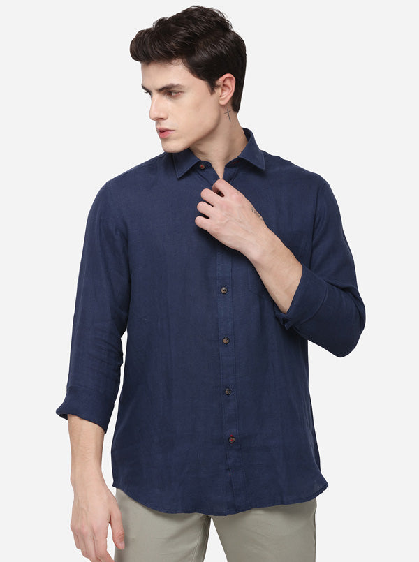 Navy Blue Tailored Fit Solid Casual Shirt | JB Sport
