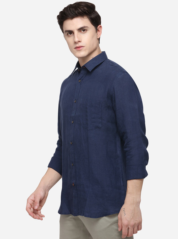 Navy Blue Tailored Fit Solid Casual Shirt | JB Sport