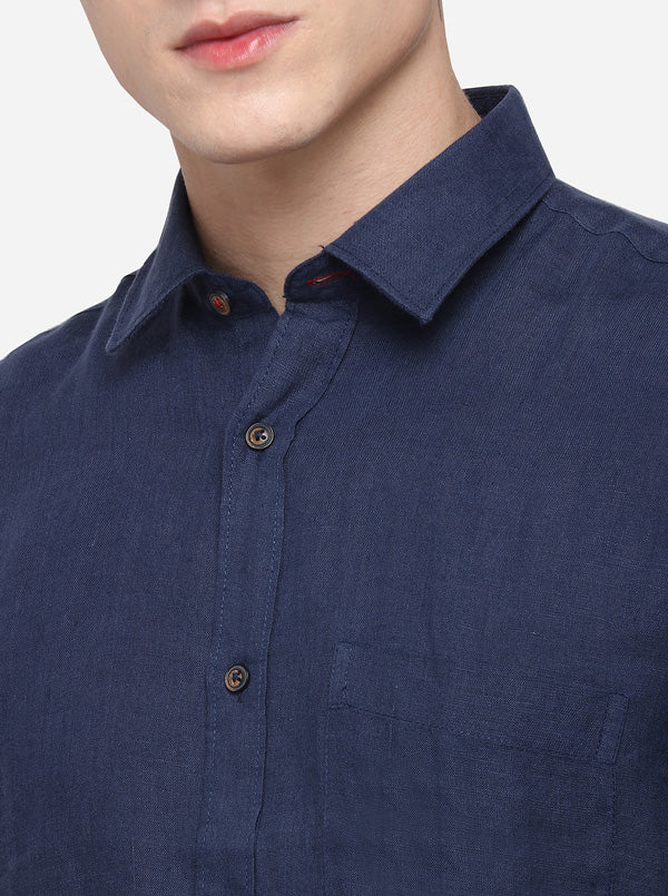 Navy Blue Tailored Fit Solid Casual Shirt | JB Sport