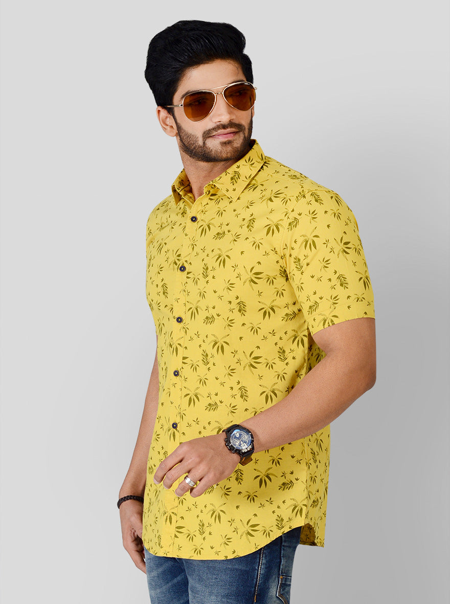 Bright Yellow Printed Slim Fit Casual Shirt | JB Sport