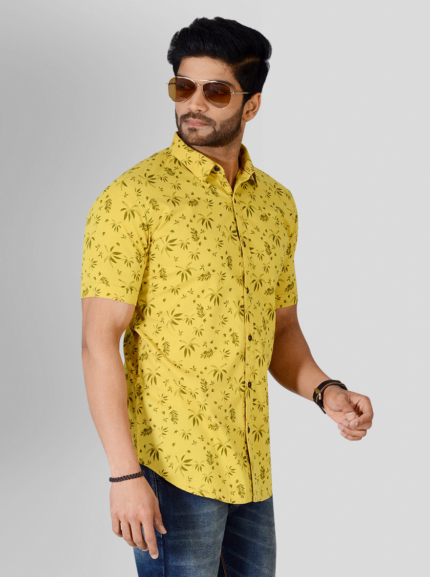 Bright Yellow Printed Slim Fit Casual Shirt | JB Sport