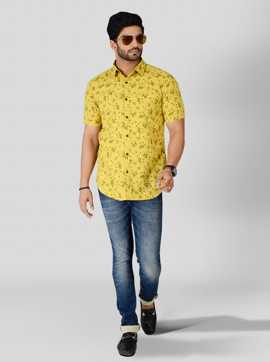 Bright Yellow Printed Slim Fit Casual Shirt | JB Sport