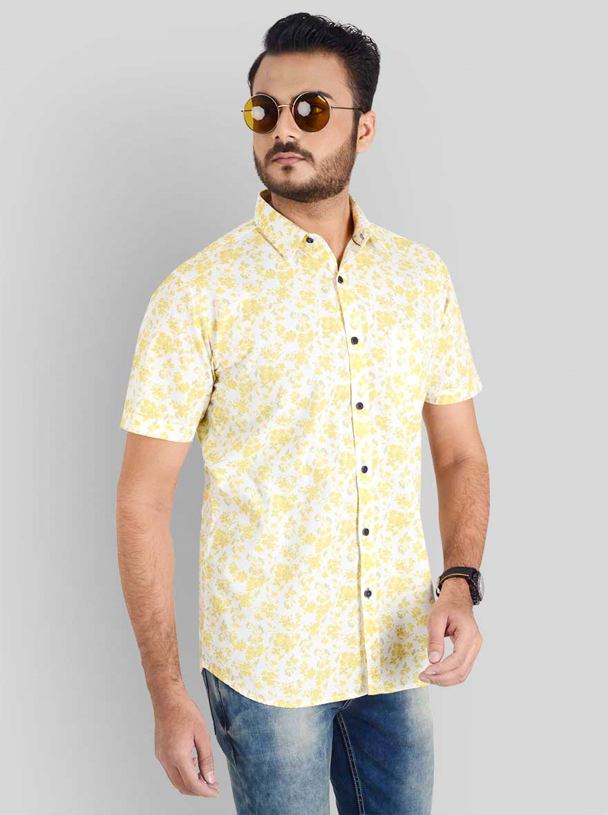 Lemon Yellow & White Printed Slim Fit Casual Shirt | JB Sport