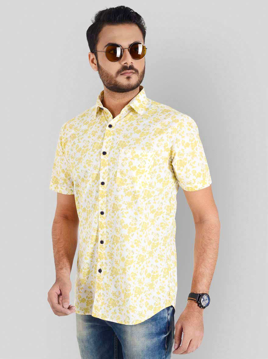 Lemon Yellow & White Printed Slim Fit Casual Shirt | JB Sport
