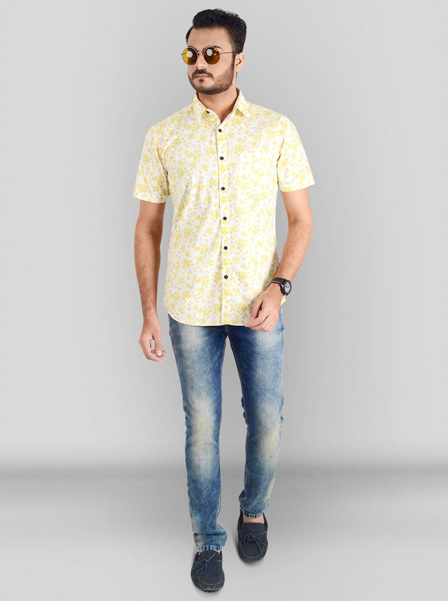 Lemon Yellow & White Printed Slim Fit Casual Shirt | JB Sport