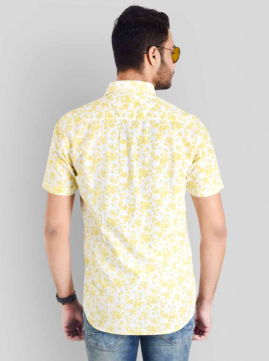 Lemon Yellow & White Printed Slim Fit Casual Shirt | JB Sport