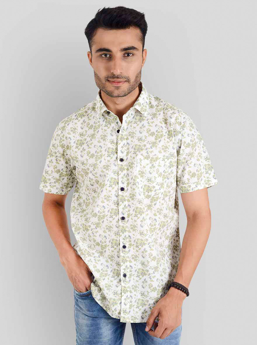 Lake Green & White Printed Slim Fit Casual Shirt | JB Sport