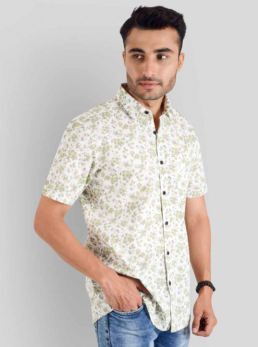 Lake Green & White Printed Slim Fit Casual Shirt | JB Sport