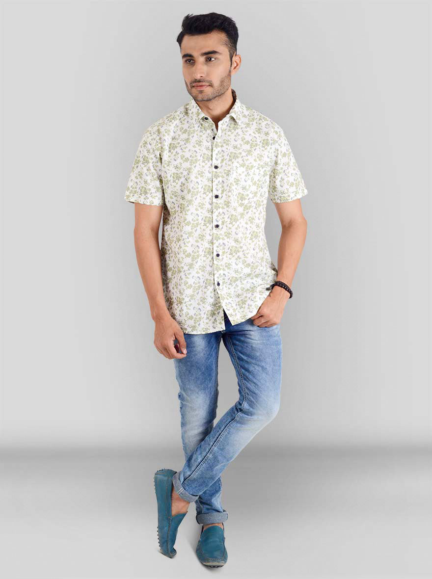Lake Green & White Printed Slim Fit Casual Shirt | JB Sport