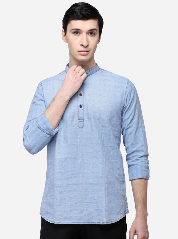 Sky Blue Checked Slim Fit Short Kurta | JB Sport