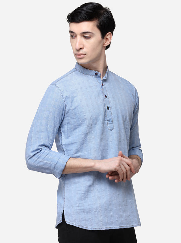 Sky Blue Checked Slim Fit Short Kurta | JB Sport