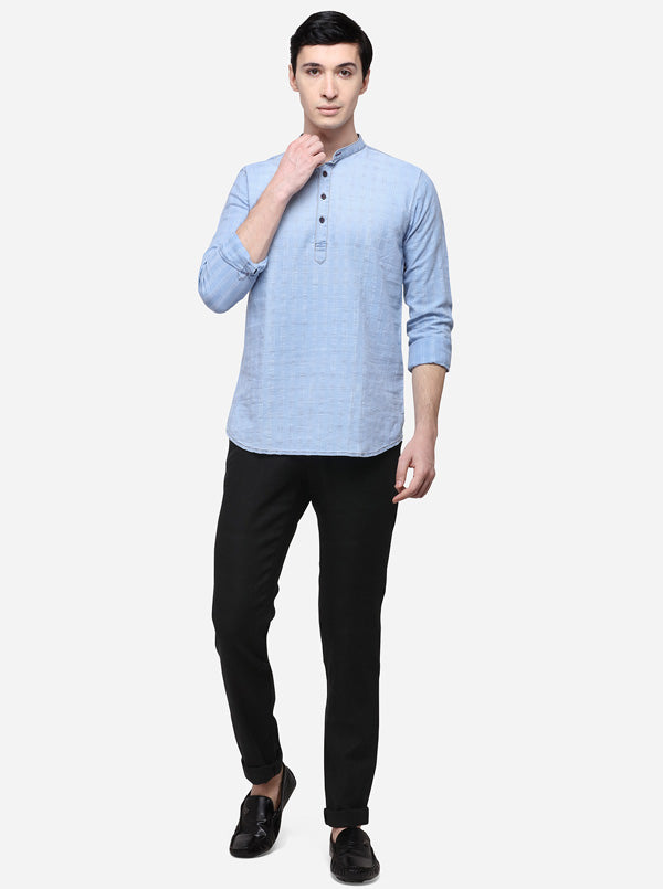 Sky Blue Checked Slim Fit Short Kurta | JB Sport