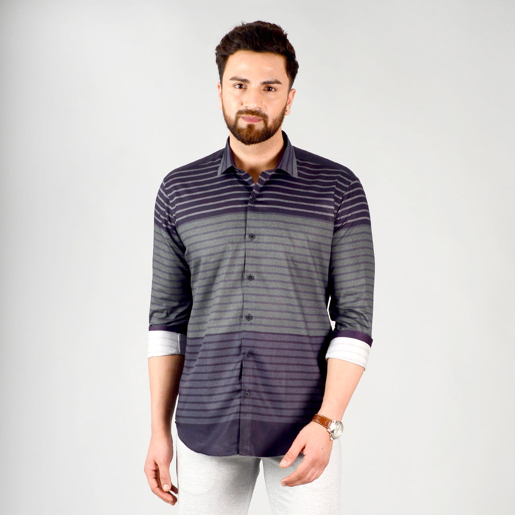 Dark Grey & Green Striped Slim Fit Party Wear Shirt | JB Studio