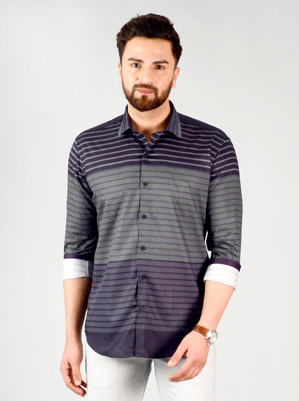 Dark Grey & Green Striped Slim Fit Party Wear Shirt | JB Studio