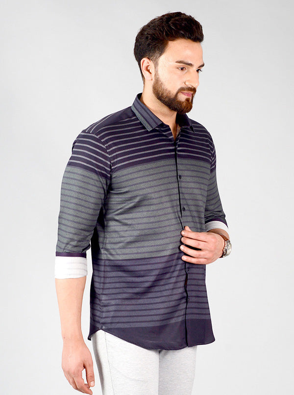 Dark Grey & Green Striped Slim Fit Party Wear Shirt | JB Studio