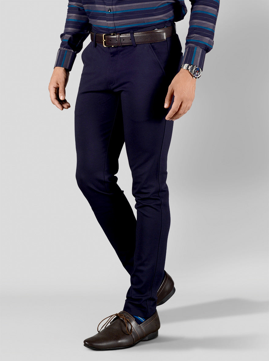 Navy Blue Solid Slim Fit Club Wear Trouser | JB Studio