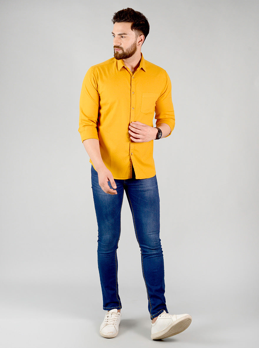 Golden Yellow Solid Slim Fit Casual Shirt | Greenfibre