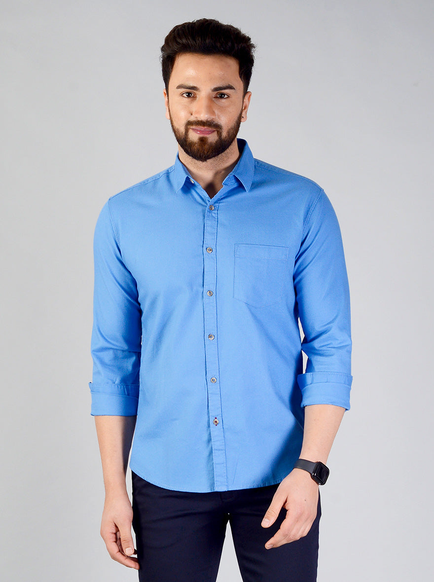 Marine Blue Solid Slim Fit Casual Shirt | Greenfibre