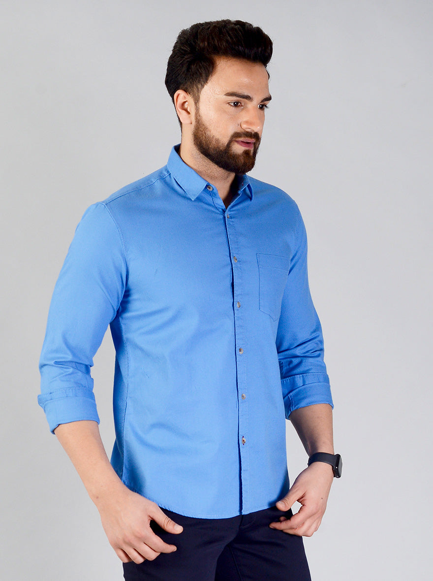 Marine Blue Solid Slim Fit Casual Shirt | Greenfibre