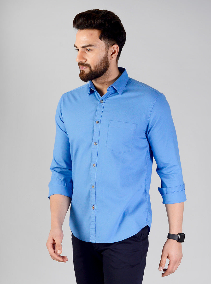 Marine Blue Solid Slim Fit Casual Shirt | Greenfibre