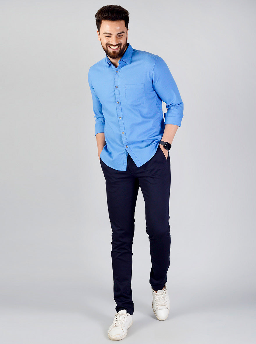 Marine Blue Solid Slim Fit Casual Shirt | Greenfibre