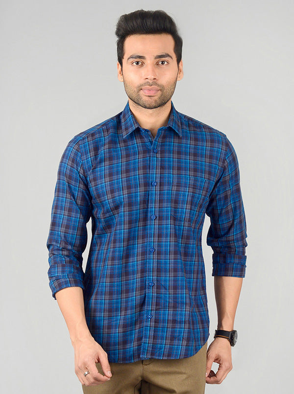 True Blue Checked Slim Fit Casual Shirt | JB Sport