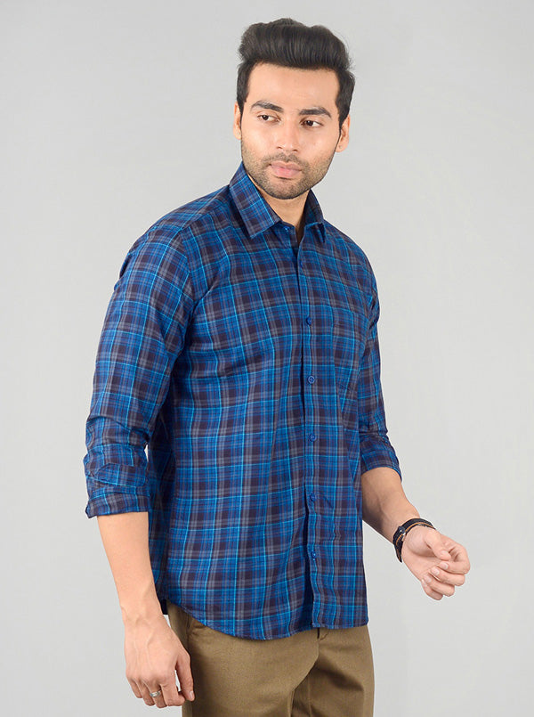 True Blue Checked Slim Fit Casual Shirt | JB Sport