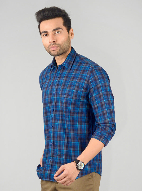 True Blue Checked Slim Fit Casual Shirt | JB Sport