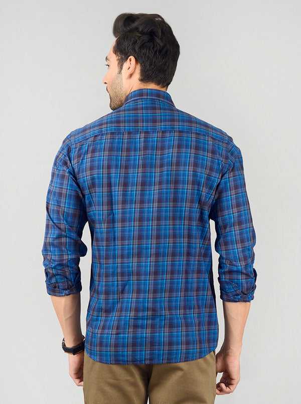 True Blue Checked Slim Fit Casual Shirt | JB Sport