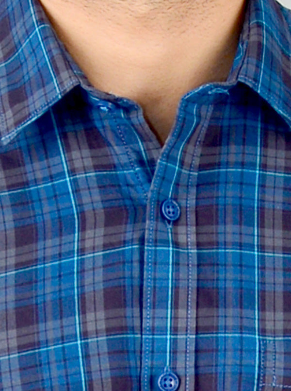 True Blue Checked Slim Fit Casual Shirt | JB Sport