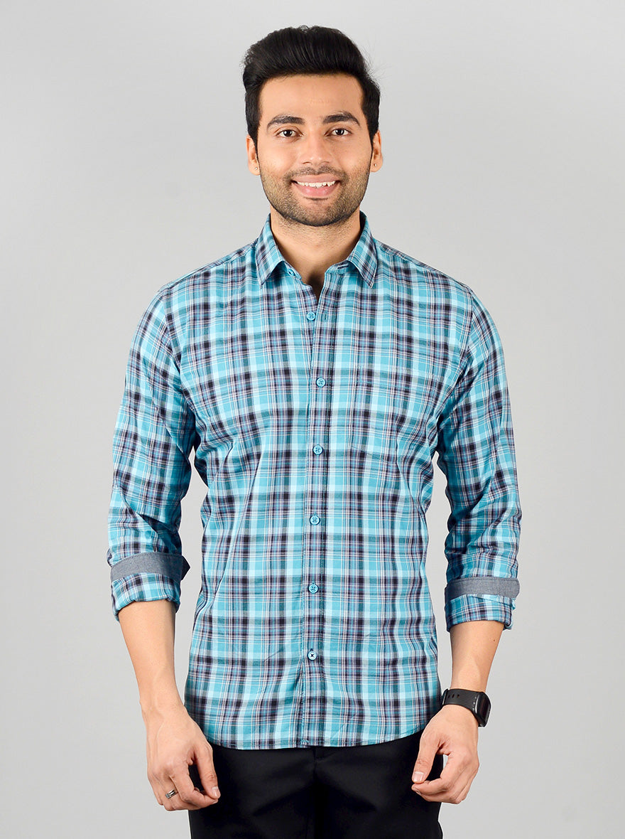 Aqua Blue Checked Slim Fit Casual Shirt | JB Sport