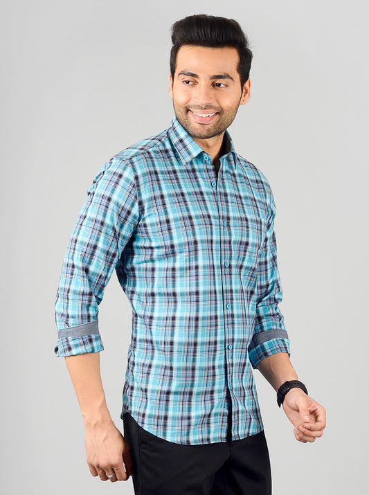 Aqua Blue Checked Slim Fit Casual Shirt | JB Sport