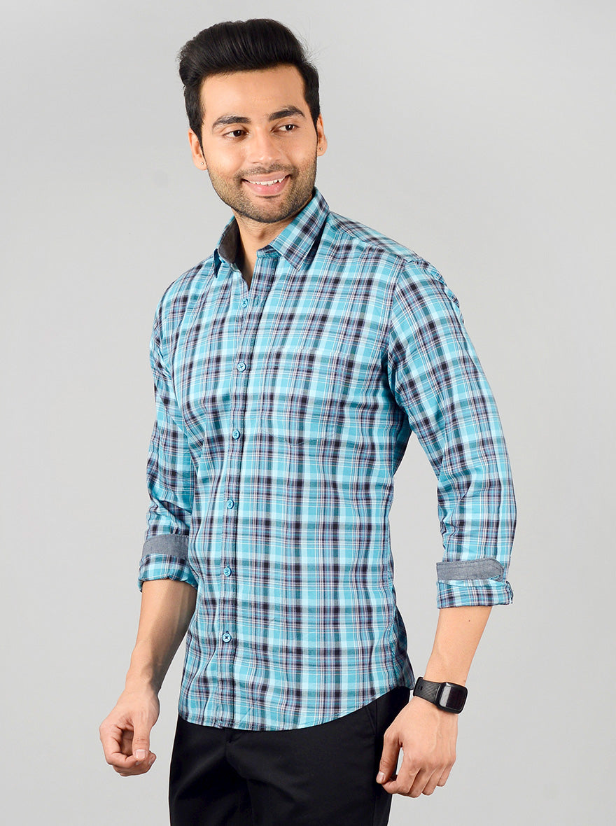 Aqua Blue Checked Slim Fit Casual Shirt | JB Sport