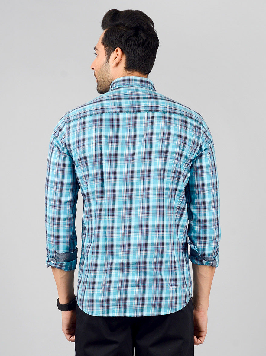 Aqua Blue Checked Slim Fit Casual Shirt | JB Sport