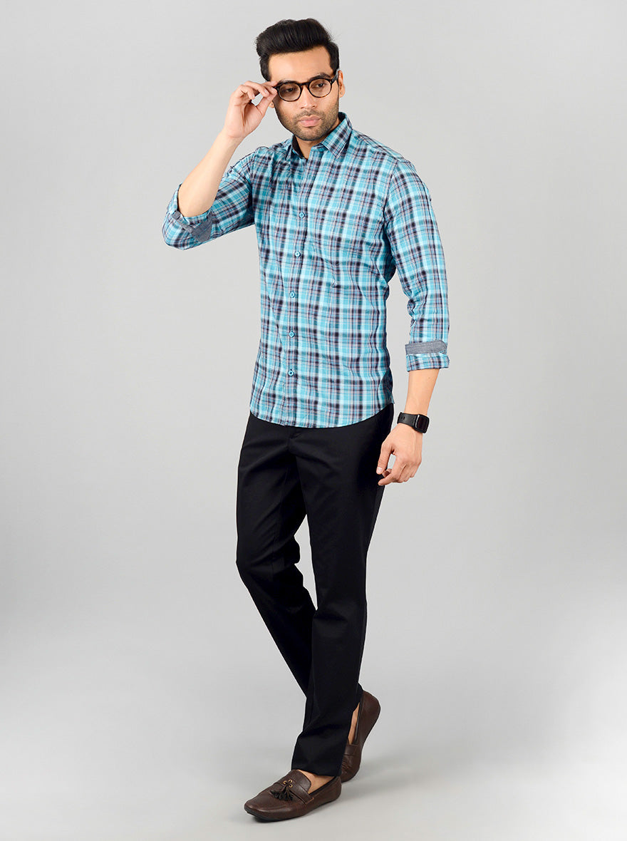 Aqua Blue Checked Slim Fit Casual Shirt | JB Sport