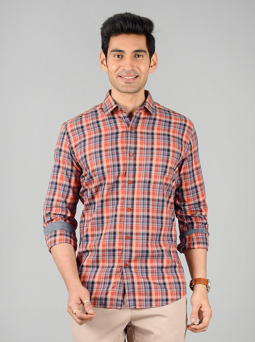 Apricot Orange Checked Slim Fit Casual Shirt | JB Sport