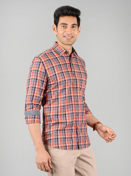 Apricot Orange Checked Slim Fit Casual Shirt | JB Sport