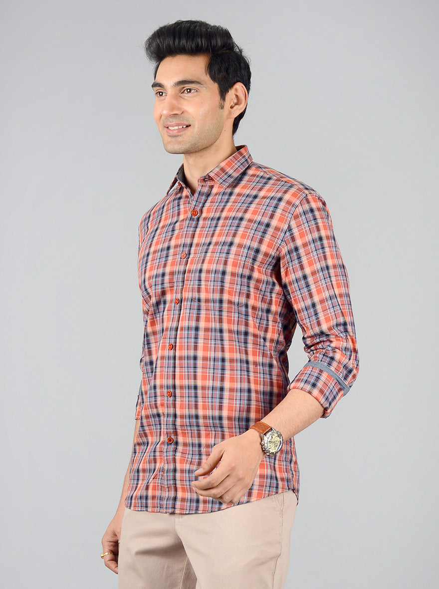 Apricot Orange Checked Slim Fit Casual Shirt | JB Sport