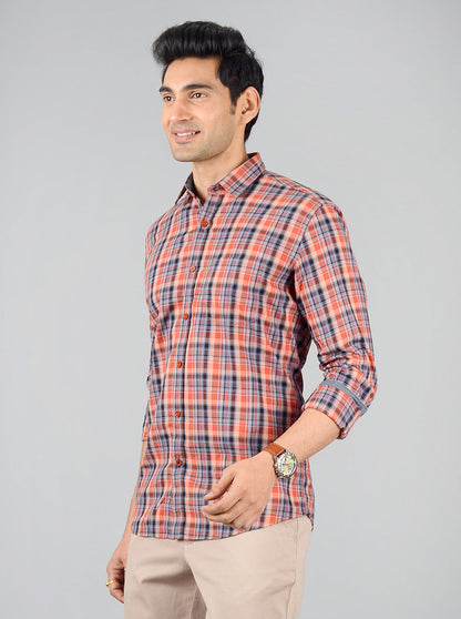 Apricot Orange Checked Slim Fit Casual Shirt | JB Sport