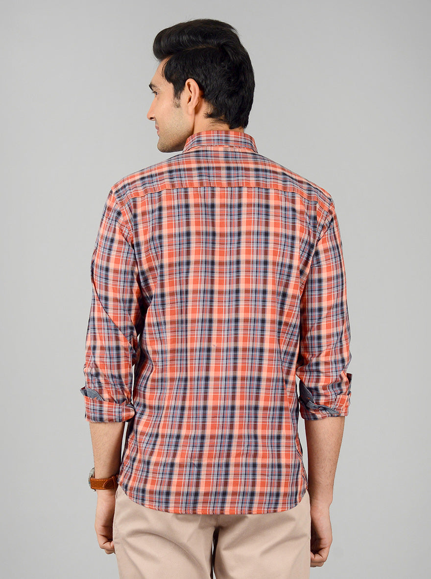 Apricot Orange Checked Slim Fit Casual Shirt | JB Sport