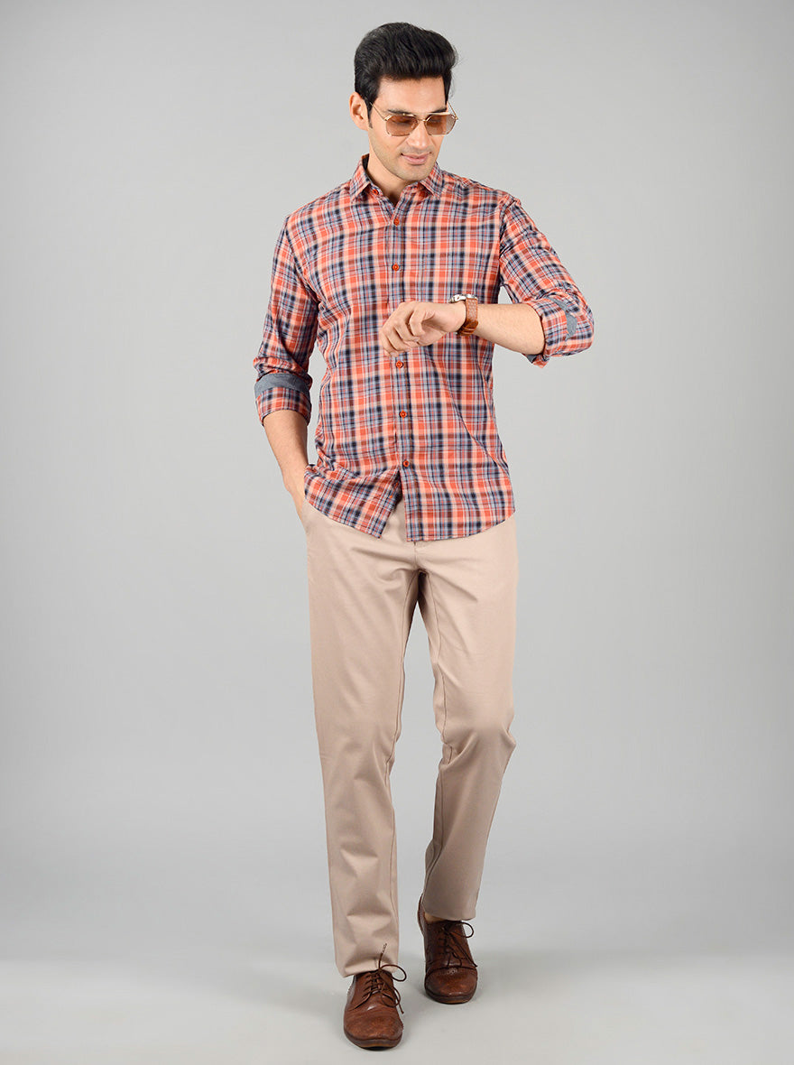 Apricot Orange Checked Slim Fit Casual Shirt | JB Sport