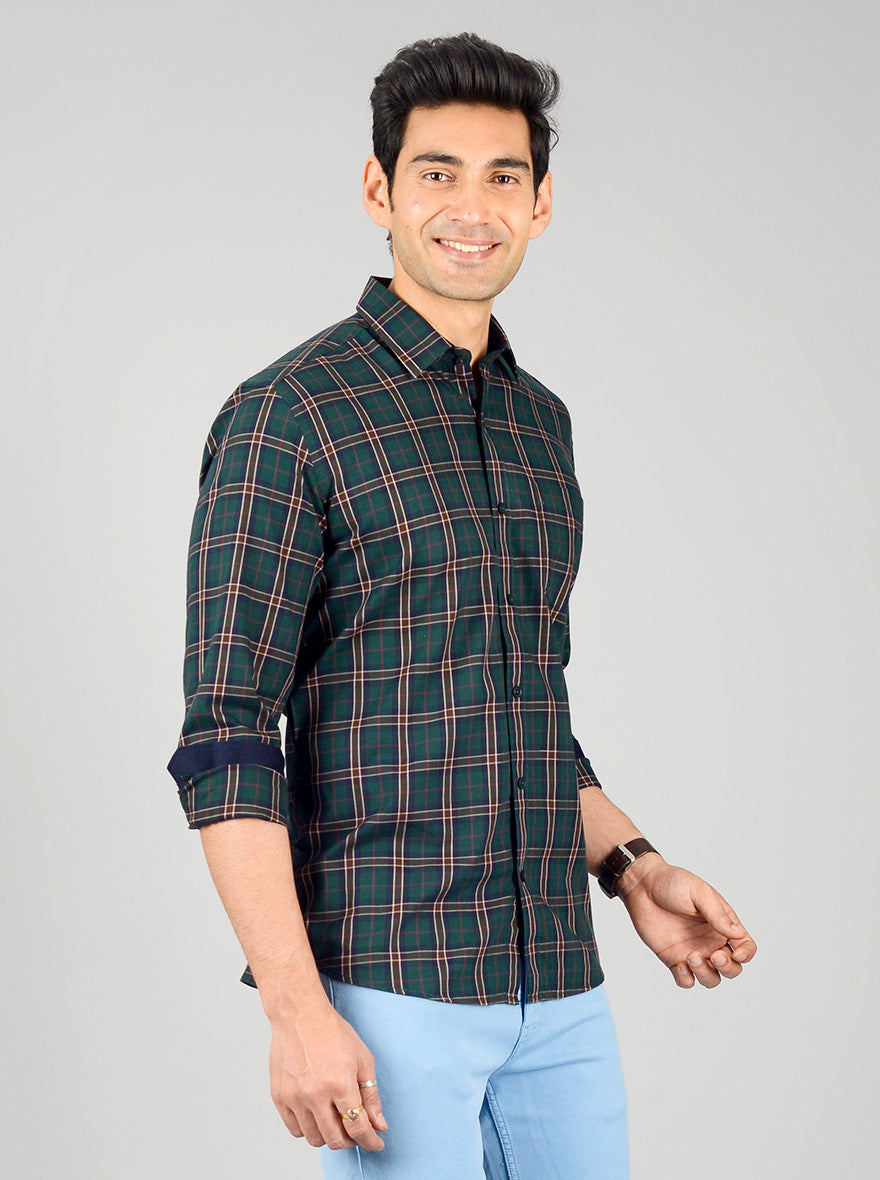 Bistro Green Checked Slim Fit Casual Shirt | JB Sport