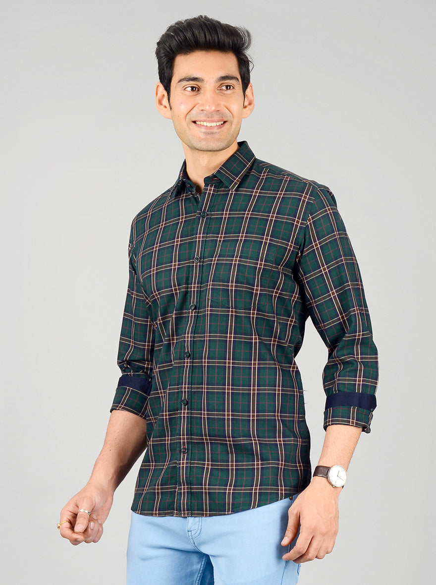 Bistro Green Checked Slim Fit Casual Shirt | JB Sport