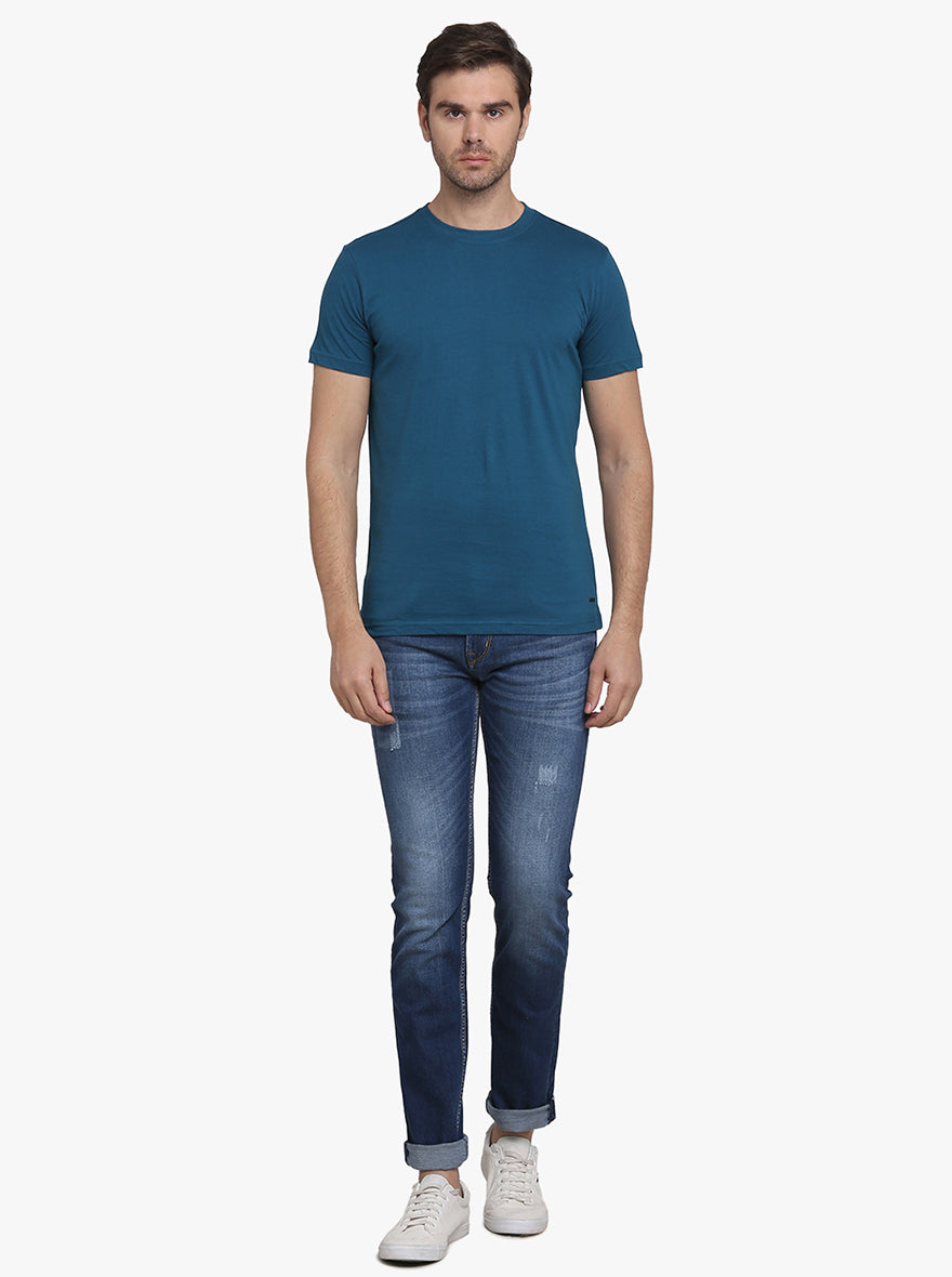 Aegean Blue Solid Slim Fit T-Shirt  | JadeBlue Sport